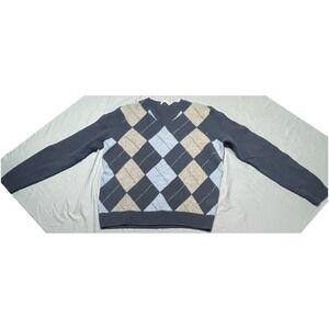 J. Crew 100% LambsWool‎ Sweater Men's Large Blue Gray Argyle V-Neck Pullover